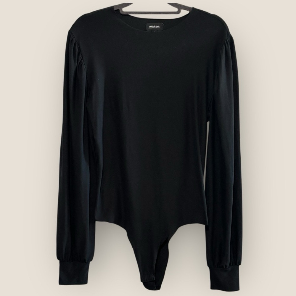 Black Long Sleeve Stretch Bodysuit Puff Shoulder Scoop Neck Large